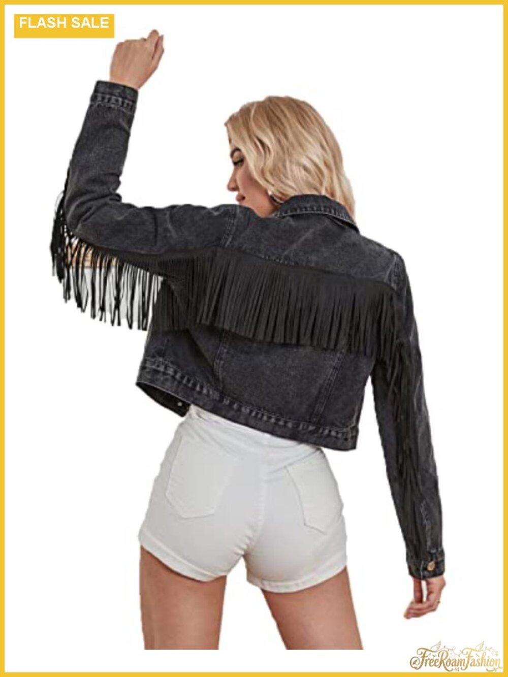 Women Cropped Denim Jacket Long Sleeve Distressed Fringe Jean Coat